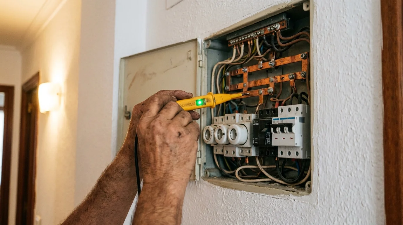 Comprobación con detector de tensión sobre cuadro eléctrico