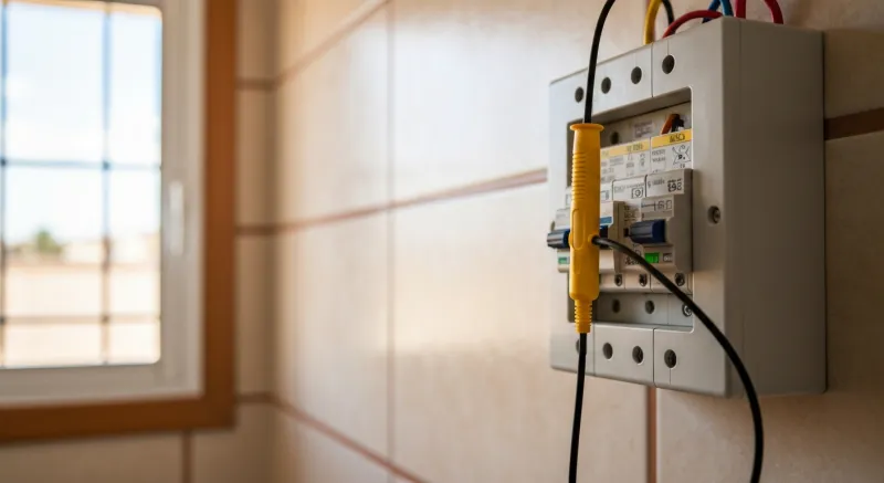 Detector de tensión amarillo apoyado en bornes del cuadro en Breda